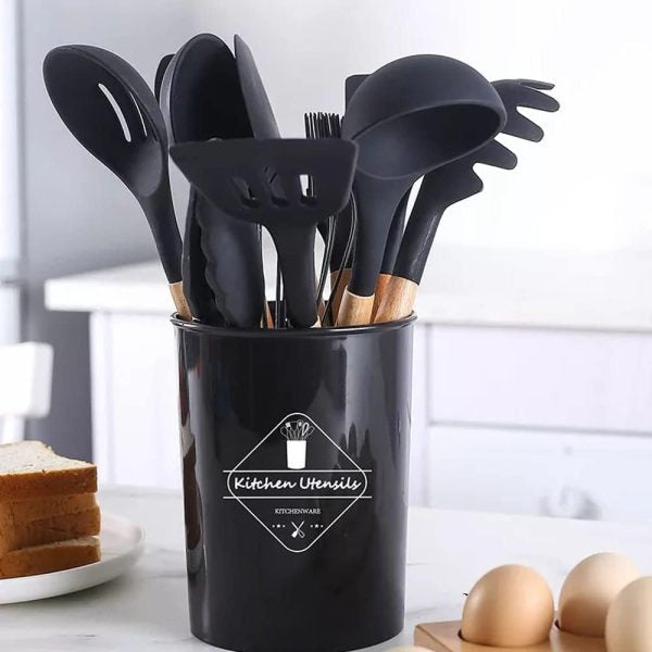 12 Pcs Silicone Cooking Utensils Kitchen Set | Heat Resistant Non Toxic Spatula Set With Turner Tongs,spoon,brush,whisk Wooden Handle