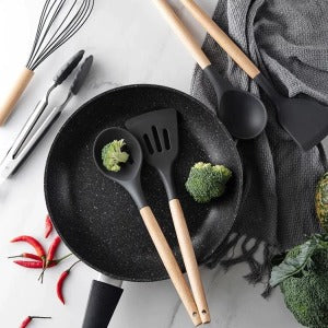 12 Pcs Silicone Cooking Utensils Kitchen Set | Heat Resistant Non Toxic Spatula Set With Turner Tongs,spoon,brush,whisk Wooden Handle