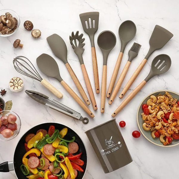 12 Pcs Silicone Cooking Utensils Kitchen Set | Heat Resistant Non Toxic Spatula Set With Turner Tongs,spoon,brush,whisk Wooden Handle