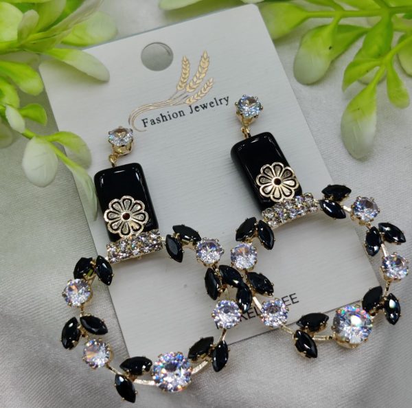 Elegant Floral Hoop Earrings With Black And Crystal Accents | Best Quality Earrings For Girls & Women | Luxury Look Earrings