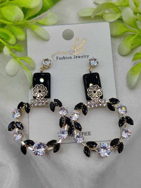 Elegant Floral Hoop Earrings With Black And Crystal Accents | Best Quality Earrings For Girls & Women | Luxury Look Earrings