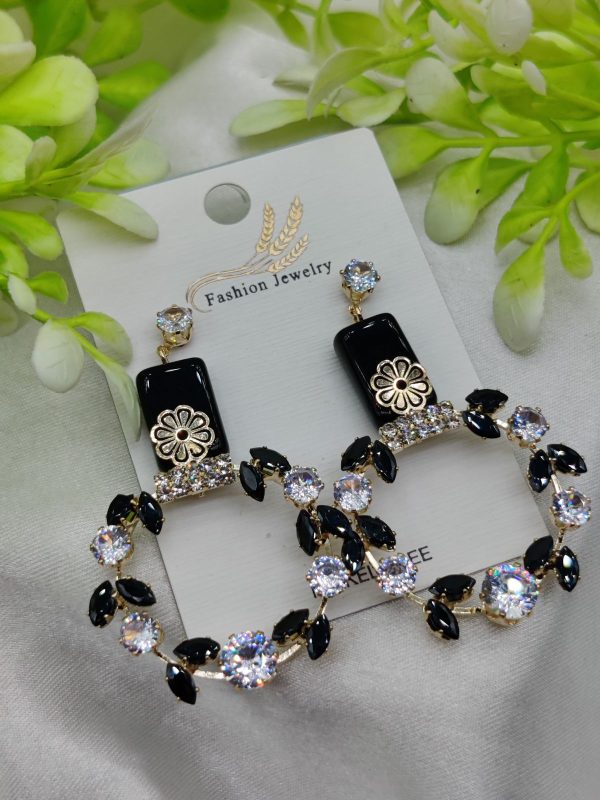 Elegant Floral Hoop Earrings With Black And Crystal Accents | Best Quality Earrings For Girls & Women | Luxury Look Earrings