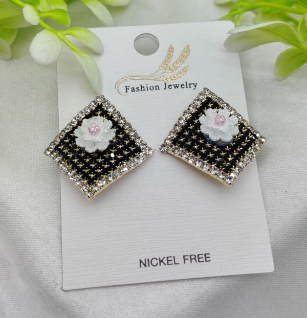 Imported Elegant Floral Stud Earrings With Rhinestone Border – Nickel Free | Girls Earrings | Women Earrings | Jewellery
