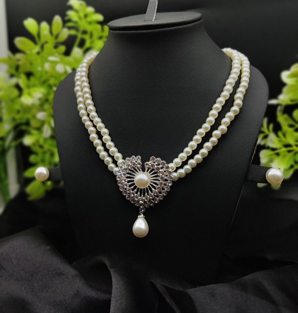 Double-strand Pearl Necklace With Radiant Heart Pendant | Girls & Women Fashion