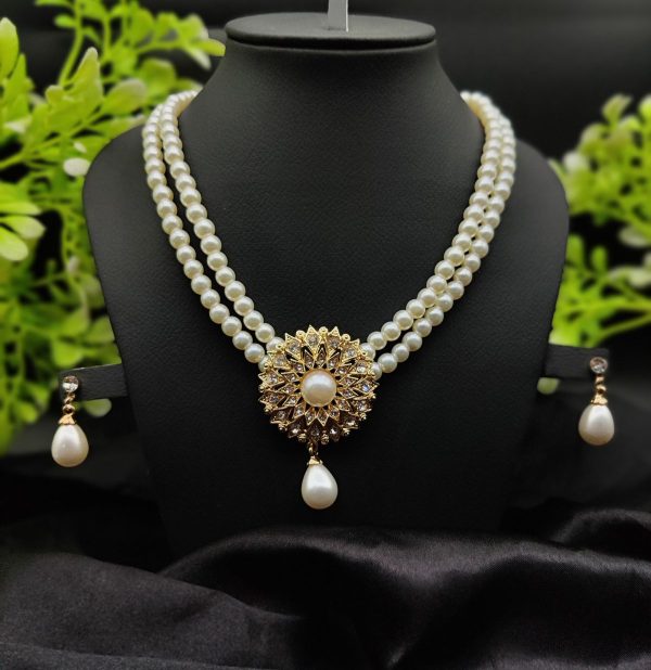 Double-layered Pearl Necklace With Golden Sunburst Pendant | Girls & Women Fashion