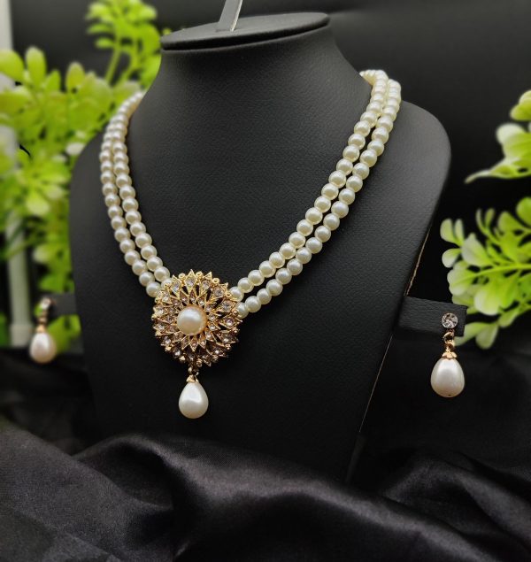 Double-layered Pearl Necklace With Golden Sunburst Pendant | Girls & Women Fashion