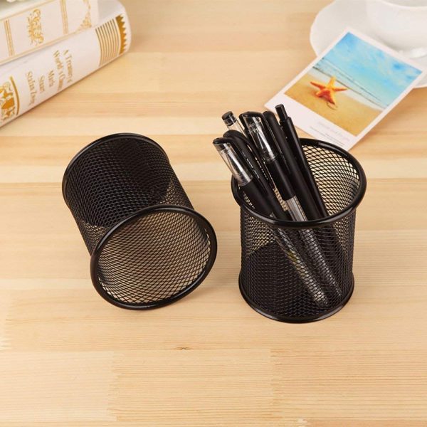 Metal Mesh Pen Stand & Stationery Holder – Round Black Desk Organizer