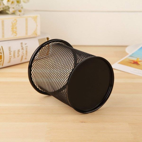 Metal Mesh Pen Stand & Stationery Holder – Round Black Desk Organizer