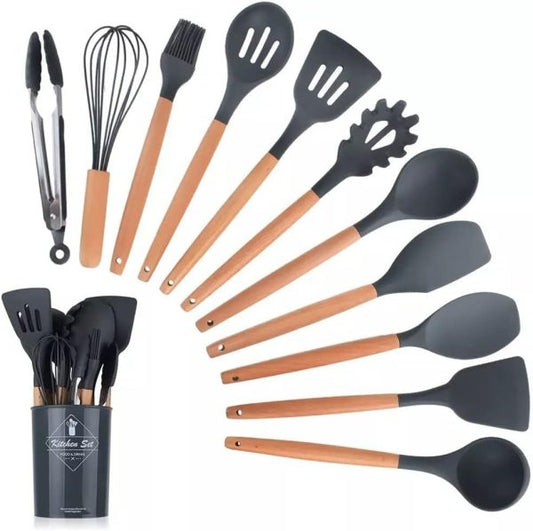 12 Pcs Silicone Cooking Utensils Kitchen Set | Heat Resistant Non Toxic Spatula Set With Turner Tongs,spoon,brush,whisk Wooden Handle