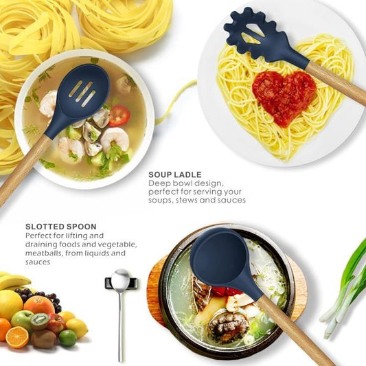 12 Pcs Silicone Cooking Utensils Kitchen Set | Heat Resistant Non Toxic Spatula Set With Turner Tongs,spoon,brush,whisk Wooden Handle