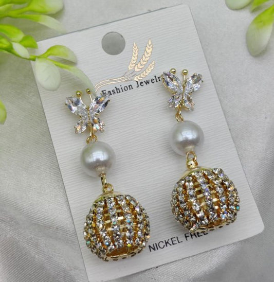 Elegant Butterfly Pearl Drop Earrings With Crystal Sphere Charm