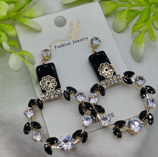 Elegant Floral Hoop Earrings With Black And Crystal Accents | Best Quality Earrings For Girls & Women | Luxury Look Earrings