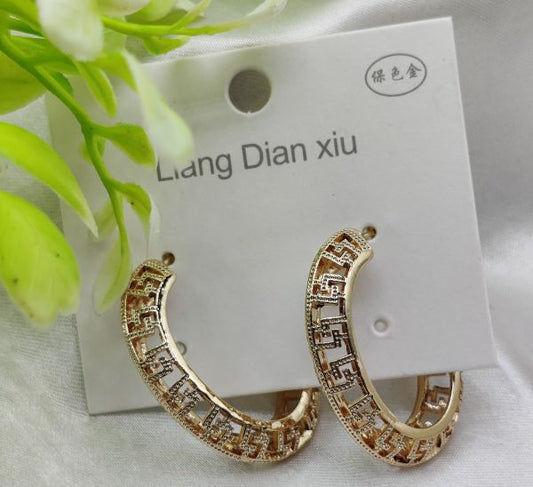 Elegant Geometric Pattern Hoop Earrings – Luxurious Gold Finish | Best Quality Artificial Earrings For Girls & Women