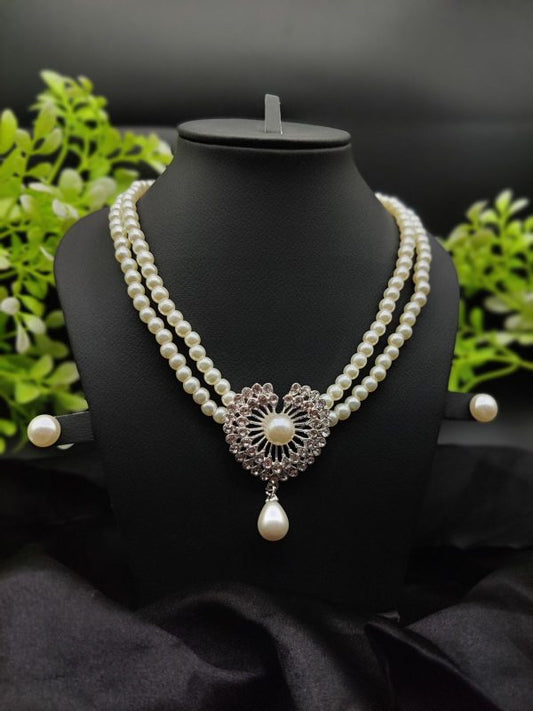 Double-strand Pearl Necklace With Radiant Heart Pendant | Girls & Women Fashion