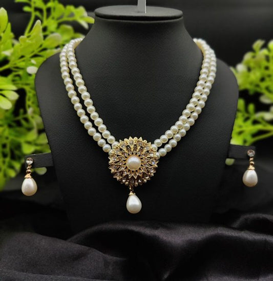 Double-layered Pearl Necklace With Golden Sunburst Pendant | Girls & Women Fashion