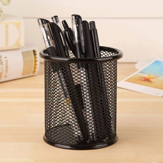 Metal Mesh Pen Stand & Stationery Holder – Round Black Desk Organizer